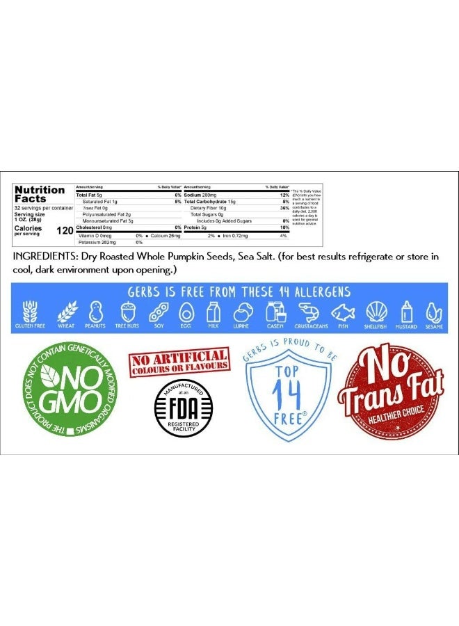 GERBS Sea Salted Roasted Pumpkin Seeds in Shell by Gerbs - 2 LBS - Top 11 Food Allergen Free & Non GMO - Premium Whole Pepitas, Product of USA - Image 2